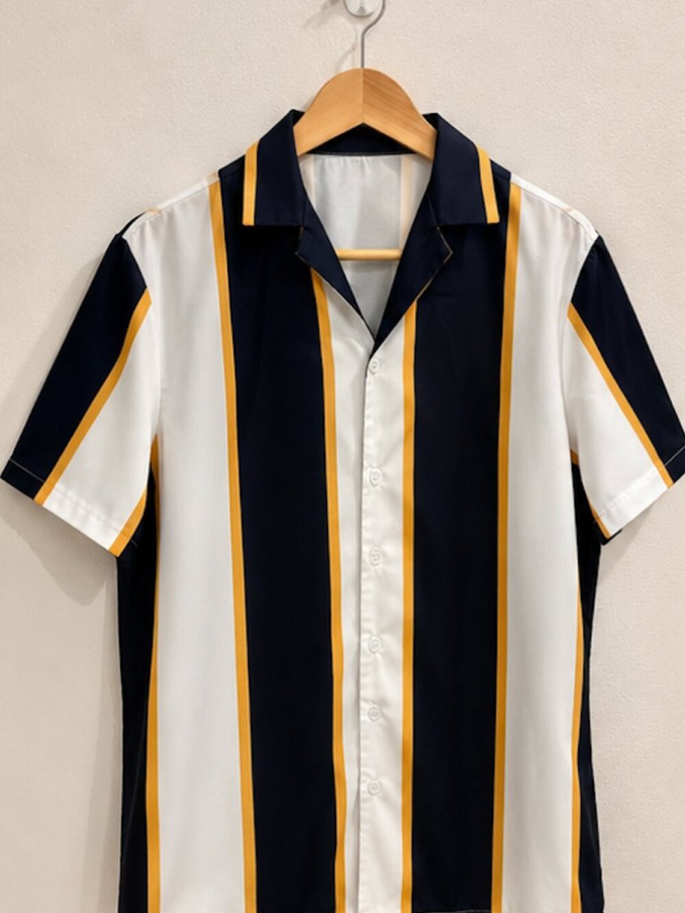 Men’s Navy White & Gold Striped Camp Collar Shirt – Size S